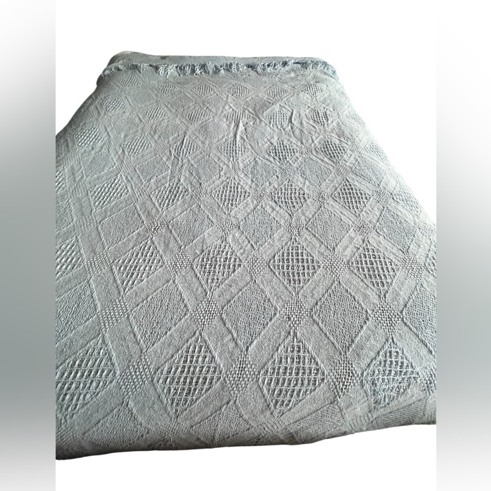 Vintage 100% Cotton USA Made Light Blue Woven Blanket, Diamond Pattern, King Sz